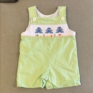 Green Striped Kids Shortall Jon Jon Overalls with Octopus Smocked Design